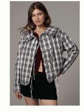 Maeve Black & White Plaid Quilted Tie Jacket